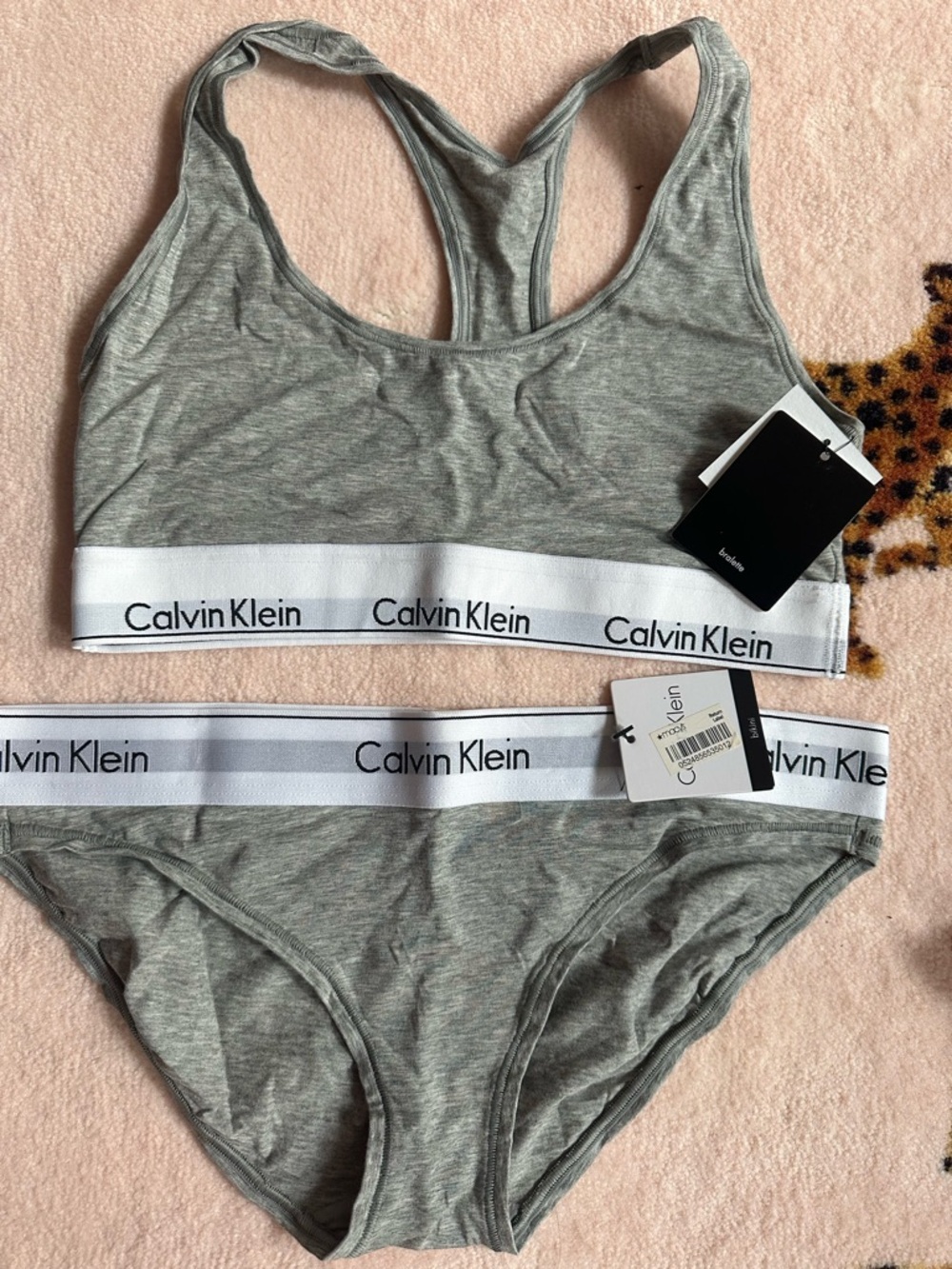 Calvin Klein Heather Gray Bralette & Bikini Set with Black-White Logo Band